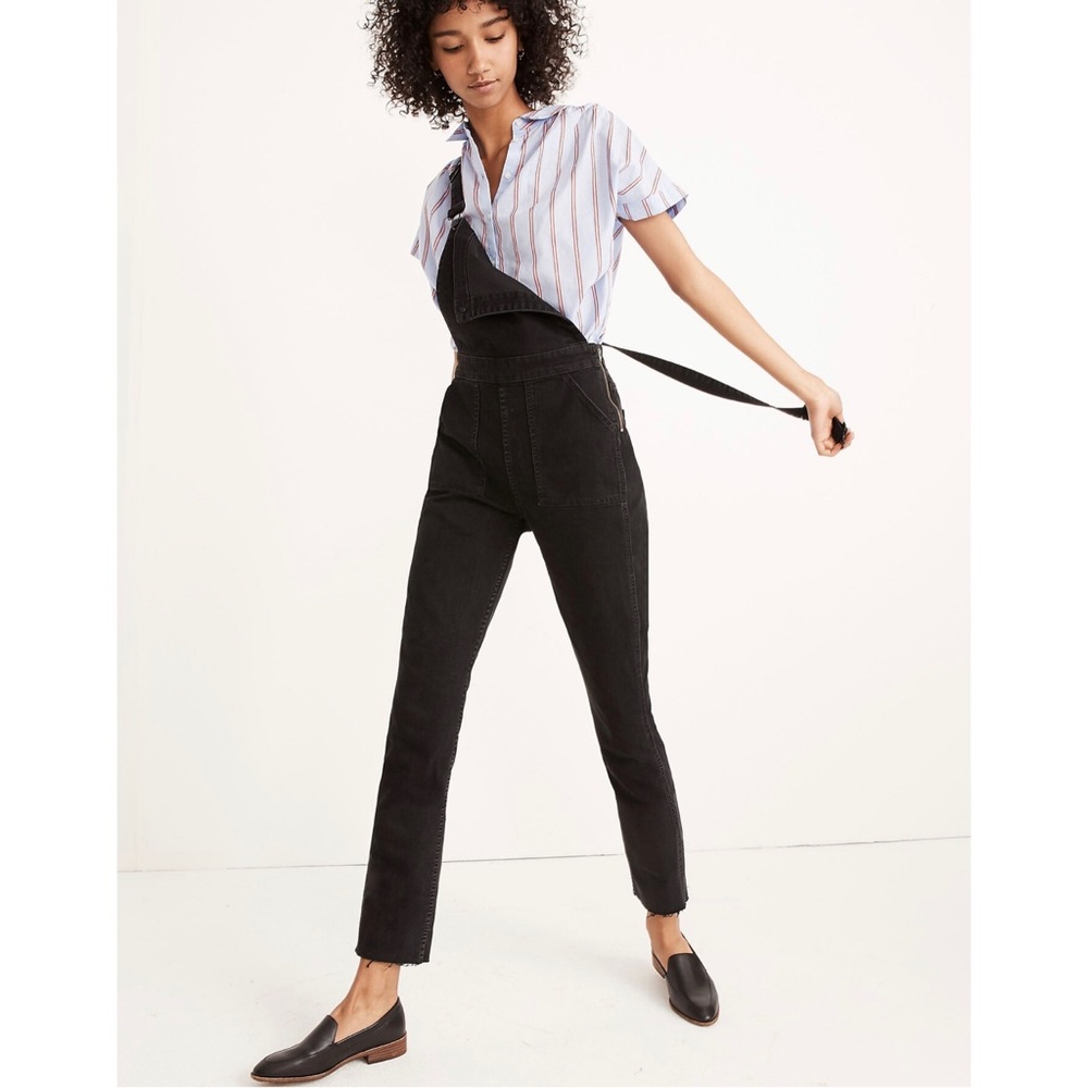 Madewell Skinny Overalls in Black Lunar Wash XS High Rise Raw Hem Stretch Bibs - Picture 2 of 13